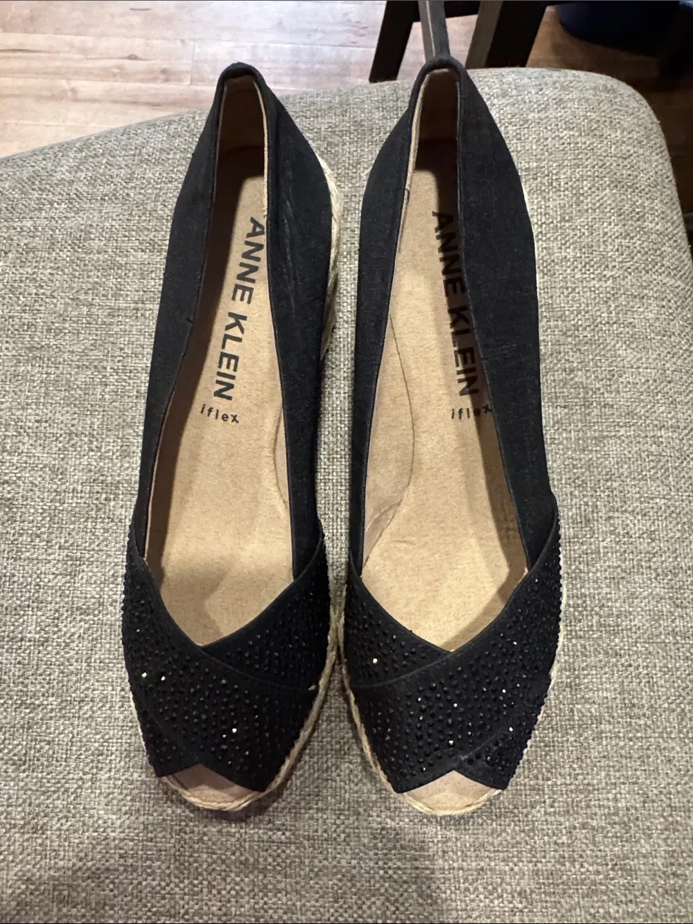 ⭐️ Anne Klein Flex AKEZZIE Black Sparkle Espadrille Wedge ⭐️ NWOT